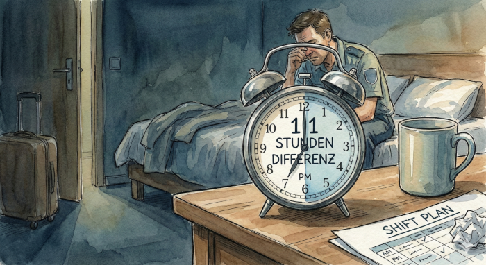 Ein Wecker auf einem Nachttisch zeigt 11 Stunden Differenz, im Hintergrund ein müder Arbeiter