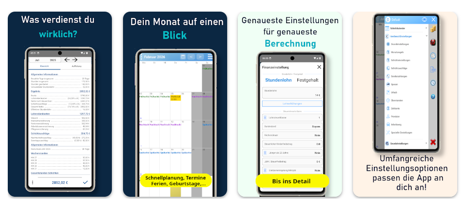 Ein Smartphone zeigt den Verdienst Schicht Planer mit einer detaillierten Lohnberechnung
