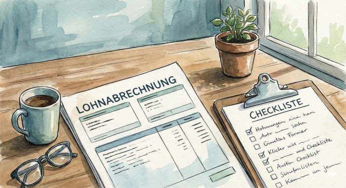 Lohnabrechnung liegt auf dem Tisch und daneben ist eine Checkliste. Künstlerisch.