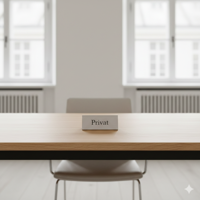 Ein leerer, aufgeräumter Schreibtisch ohne Papierkram, darauf nur ein Schild mit 'Privat'