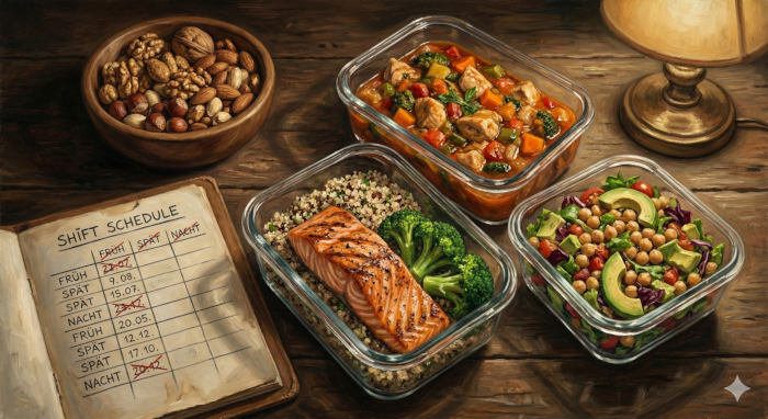 Gesunde Meal-Prep Boxen und Nüsse neben einem Schichtplan