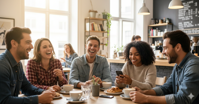 Eine Gruppe Freunde sitzt lachend in einem Café, eine Person schaut entspannt auf ihr Smartphone