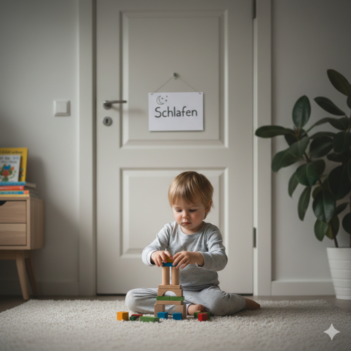 Ein Kind spielt leise mit Bauklötzen auf dem Teppich, im Hintergrund eine geschlossene Tür mit einem 'Schlafen'-Schild