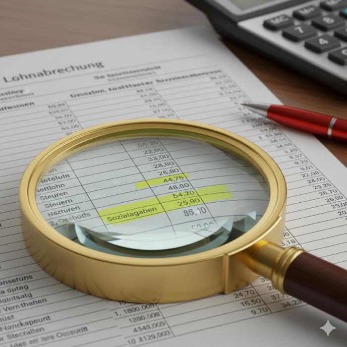 Eine Lupe liegt auf einer Lohnabrechnung, wichtige Zahlen sind markiert