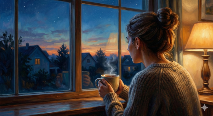 Eine Person schaut nachdenklich aus dem Fenster in die Dämmerung, eine Tasse Tee in der Hand