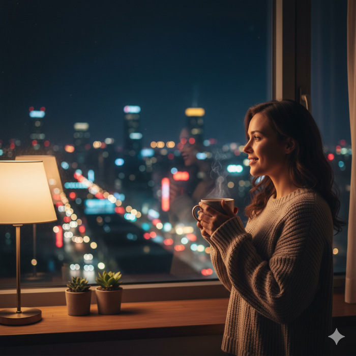 Eine Person schaut entspannt mit einer Tasse Tee aus dem Fenster auf die nächtliche Stadt
