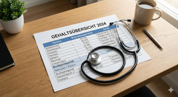 Eine Tabelle mit Gehaltszahlen und ein Stethoskop auf einem Schreibtisch