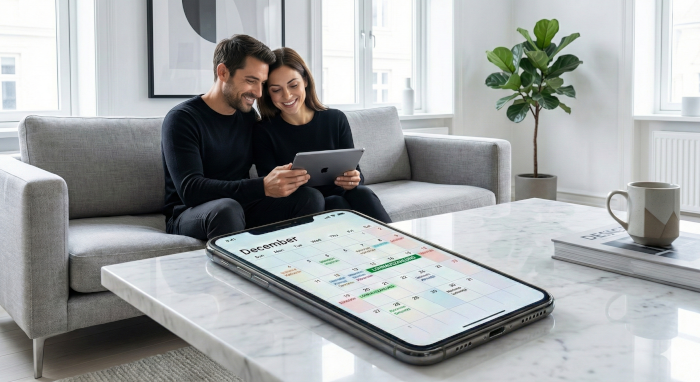 Ein Paar sitzt entspannt auf dem Sofa und schaut gemeinsam auf einen Kalender am Tablet
