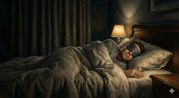 Eine Person schläft tief und fest mit einer Schlafmaske in einem abgedunkelten Raum