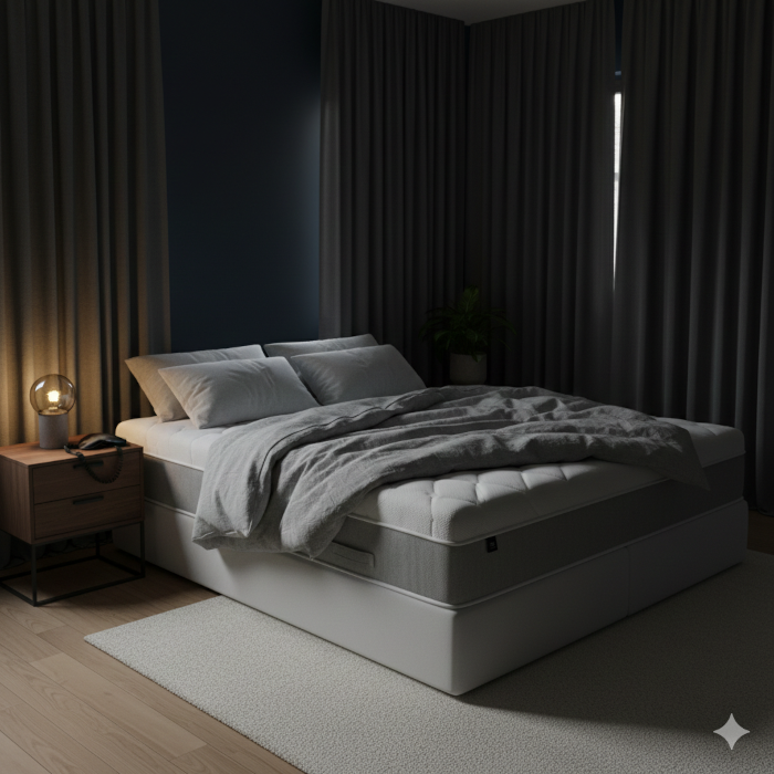 Ein gemütliches, abgedunkeltes Schlafzimmer mit einer hochwertigen Matratze und Schlafmaske auf dem Nachttisch