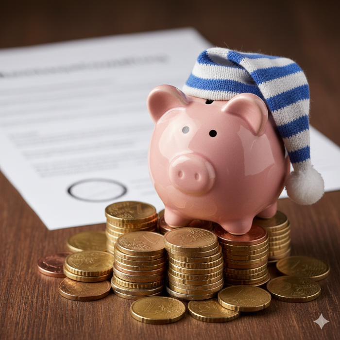 Ein Sparschwein mit einer Schlafmütze steht auf einem Stapel Euro-Münzen, im Hintergrund unscharf eine Renteninformation