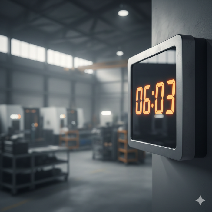 Eine digitale Stechuhr zeigt 06:03 Uhr an, im Hintergrund eine unscharfe Werkshalle