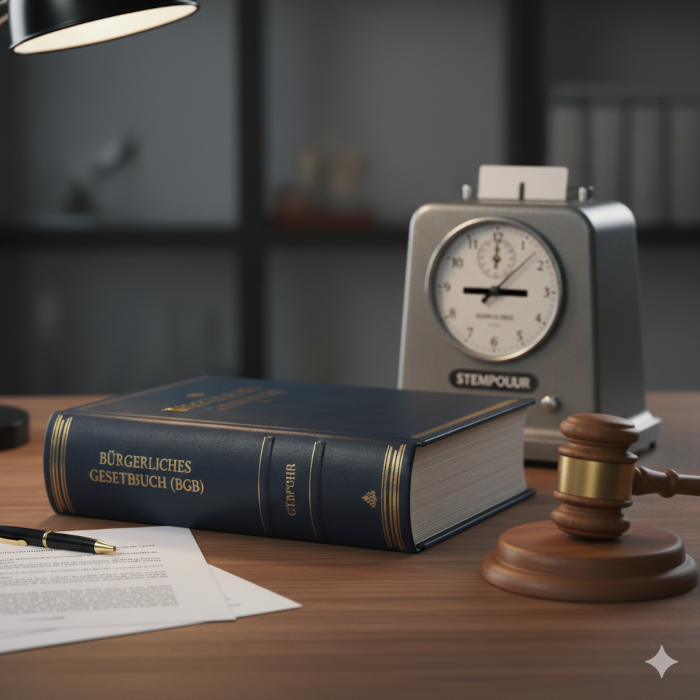 Ein Gesetzbuch liegt auf einem Schreibtisch, daneben eine Stempeluhr und ein Hammer
