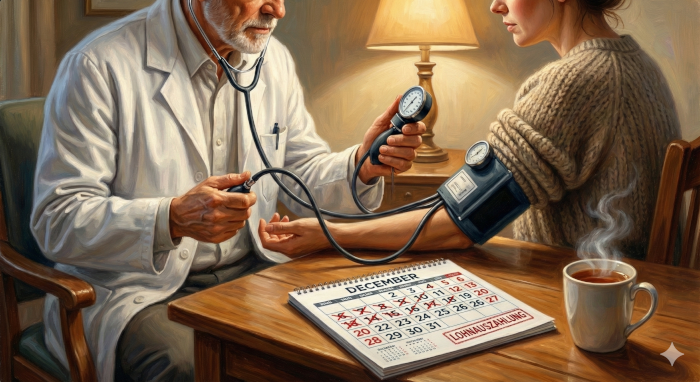 Ein Arzt misst den Blutdruck bei einem Patienten, auf dem Tisch liegt ein Kalender